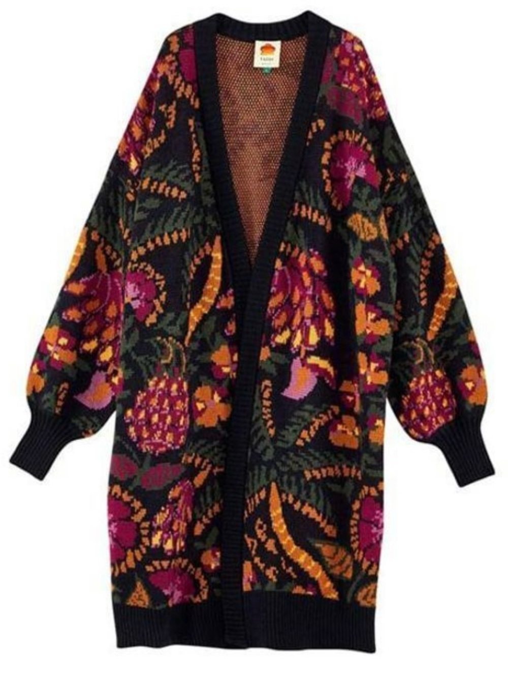 FARM Rio Black Floral Jacquard Open-Front Cardigan with Pink & Orange Accents
